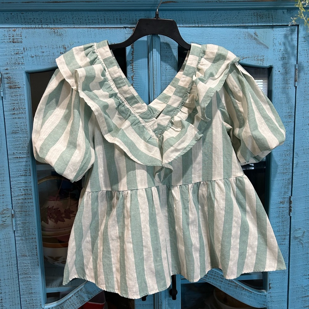 Entro Striped Green and White Women's Top